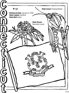 State of Connecticut coloring page. Statehood date: January 9, 1788, state capital: Hartford, state bird: robin, state insect: praying mantis, state flower: mountain laurel. Black and white images of state flag, state flower, and state insect.