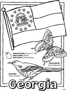 Georgia state details. Statehood date January 2.1788, state capital Atlanta, state flower, Cherokee Rose, state butterfly Tiger Swallowtail, state bird, Brown Thrasher. Black and White Georgia state flag, butterfly and bird. 