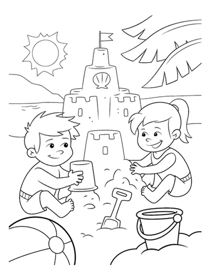 Boy and girl at beach sitting in sand and building sand castle