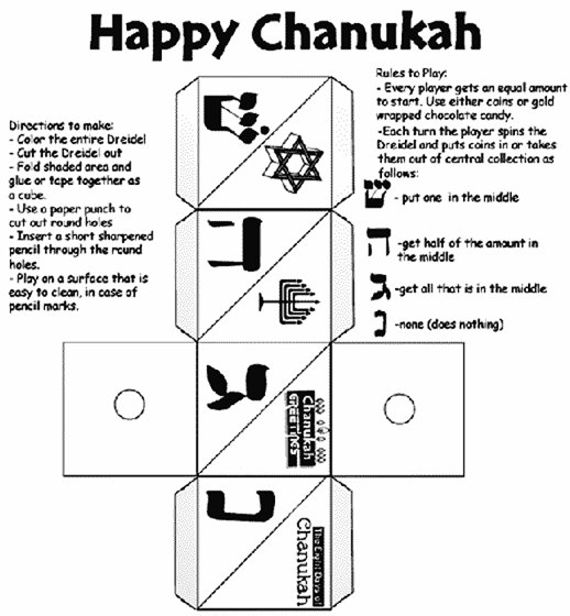 Cut-out template of a dreidel for Hanukkah with folding and playing instructions
