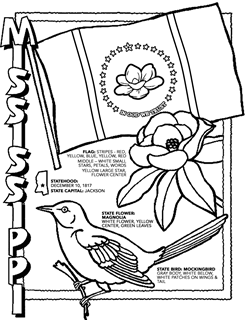 Mississippi coloring page. Flag: stripes - red, yellow, blue, red. Middle - white: small stars, petals, words . Yellow: large star, flower center. Statehood: December 10, 1817, state capital: jackson. State flower: Magnolia white flower, yellow center, green leaves. State Bird: Mockingbird - gray body, white below, white patches on wings and tail.