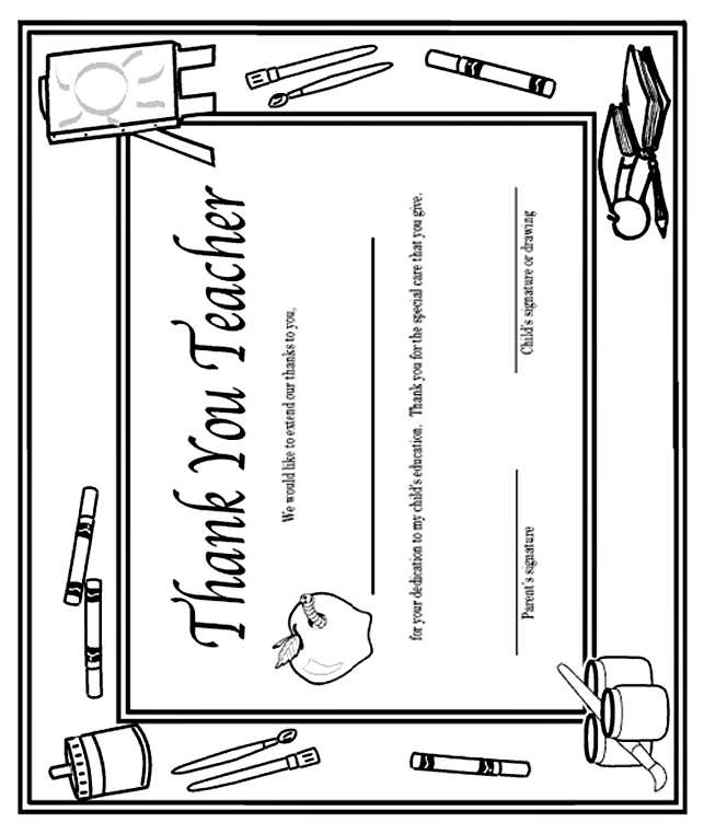&lsquo;Thank You, Teacher&rsquo; Certificate Coloring Page