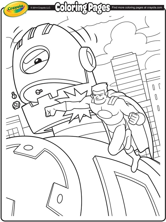 Giant Robot Coloring Pages Super Hero Battling A Giant Robot Coloring Page crayolacom