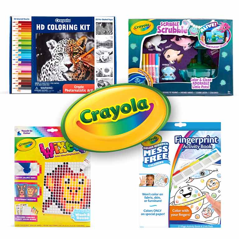 Crayola smile logo with Scribble Scrubbie Pets, Color Wonder Blue's Clues Book, Chalk, and Colors of the World Markers