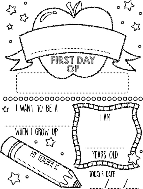 Apple First Day of School Sign Coloring Page