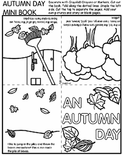 Mini book cutout with assembly instructions and 4 pages of things to do on an autumn day, including jumping in leave piles, raking leaves, and looking at the trees