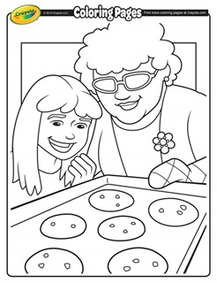 Grandma and granddaughter hover over fresh batch of baked cookies on cookie sheet