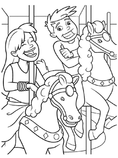 Two children riding on horses on merry-go-round carousel