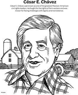 Portrait of César E. Chávez in a flannel shirt, on a farm, with a short history of his civil rights work. 