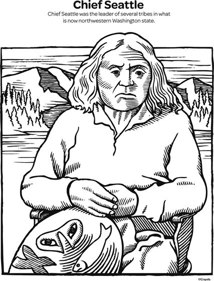Portrait of Native American Chief Seattle featuring mountains, a blanket with a fish, and a short history of his leadership in Washington state tribes