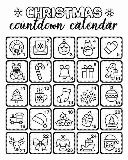 Christmas countdown calendar with 25 squares featuring holiday images including a reindeer, santa, and more. 