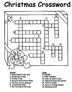 Crossword puzzle on Christmas present tied with a bow with crossword clues below