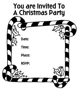 Candy canes border and  and fill-in-the-blank Christmas party invitation details with date, time, place, and RSVP