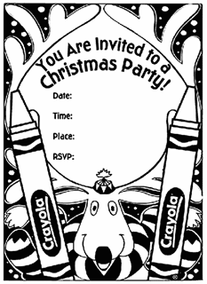 Reindeer with two Crayola crayons and fill-in-the-blank Christmas party invitation details with date, time, place, and RSVP
