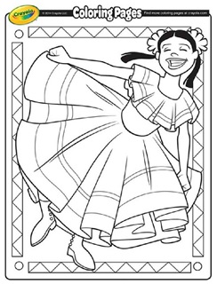 Girl in traditional dress dancing in center with geometric border around the edge of the page
