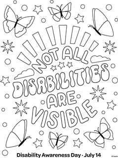 July 14 Disability Awareness Day and Not All Disabilities Are Visible messages, featuring butterflies and stars