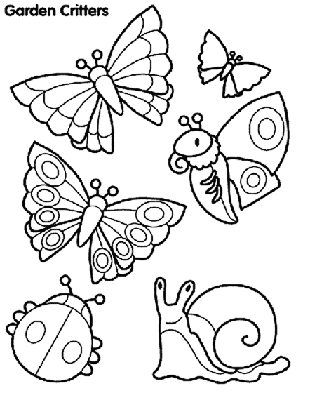 4 butterflies in different shapes and sizes, a ladybug, and a snail