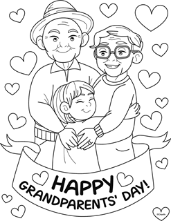 Happy Grandparents Day on banner with Grandpa, Grandma, and kid hugging, surrounded by hearts. 