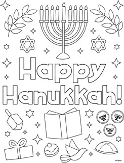 Happy Hanukkah messaging with jewish menorah, dreidal, yamaka, dove, gifts, and chocolate coins