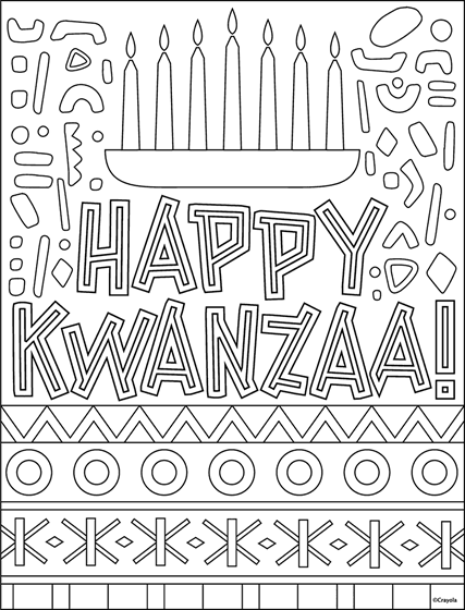 Happy Kwanzaa messaging with a kinara, seven candles, and african patterns