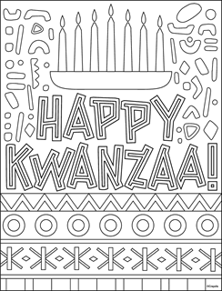 Happy Kwanzaa messaging with a kinara, seven candles, and african patterns