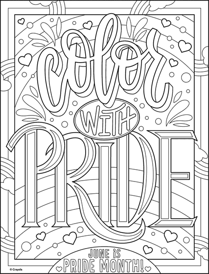 Celebrating Pride Month with a Color in Pride coloring sheet featuring a rainbow and hearts. 