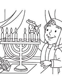 Person dressed in garments lighting the menorah with dreidel on table nearby