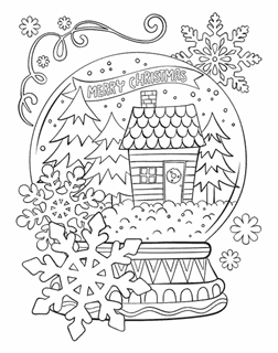 Snowglobe with snowy cabin and trees on inside with Merry Christmas banner and then snow flakes on the outside