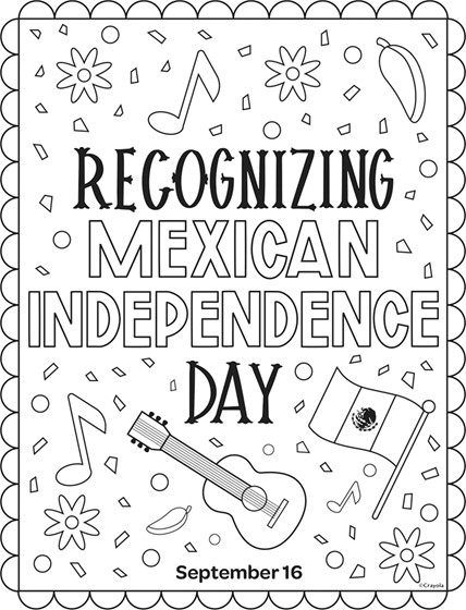 Recognizing Mexican Independence Day on September 16 messaging with Mexican flag, guitar, chile, music notes, and flowers