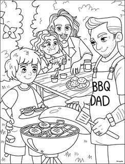 Recognizing diverse families with two dads, two children, including a grill, picnic table, and burgers