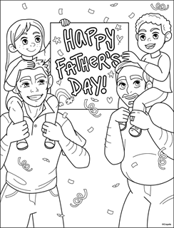 Recognizing a diverse Father's Day with two Dads and two kids with Happy Father's Day banner and confetti.