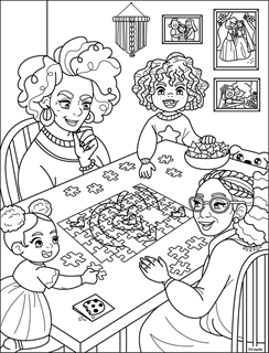 Recognizing diverse families with two grandmothers and two grandkids, at a kitchen table building a puzzle.