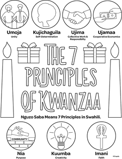 The 7 Principles of Kwanzaa messaging with candles, gifts, and Swahili terms umoja, kujichaguila, ujima, ujamaa, nia, kuumba, and imani