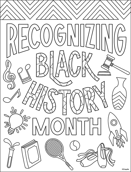 Recognizing Black History Month messaging with african patterns, music notes, tennis racket, test tube, book, ballet slippers, a rocket, and other career icons