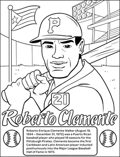 Portrait of Roberto Clemente in a baseball uniform, on a baseball field, with a Puerto Rican flag & a short history of his life