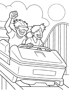 Two kids riding on roller coaster smiling and cheering