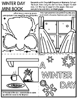 Mini book cutout with assembly instructions and 4 pages of things to do on a winter day, including drinking hot cocoa, looking at the snow, and making a snow angel coloring image