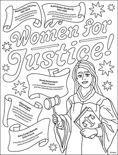 Women for justice with female justice holding gavel and book and names of current and former women on U.S. Supreme Court