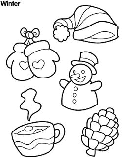 Winter with winter hat, mittens, snowman, hot cocoa, and pinecone