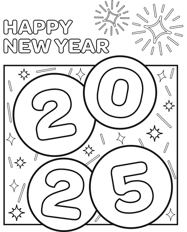 Happy New Year 2025 Coloring Page for Kids