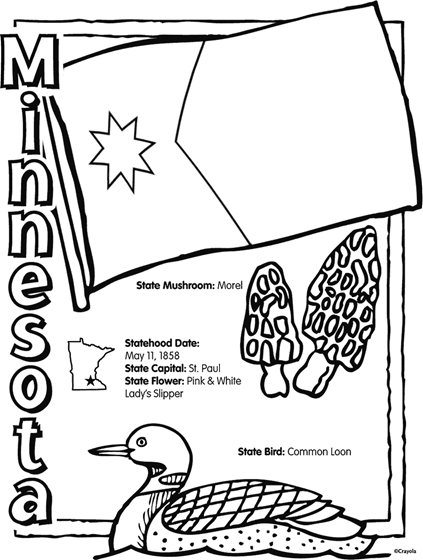 Minnesota coloring page. State mushroom: Morel. statehood date: May 11, 1858. State capital: St. Paul. State Flower:  Pink & White Lady's Slipper.  State Bird: Common Loon.