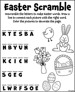 Easter Scramble Unscramble the letters to make Easter words. Draw a line to connect each picture with the right word. Color the pictures to decorate the page.