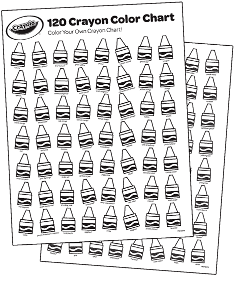 120 black and white crayon tips in a grid formation with crayon names below each crayon