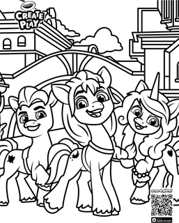 three stylish my little pony characters smiling and posting in front of a bridge