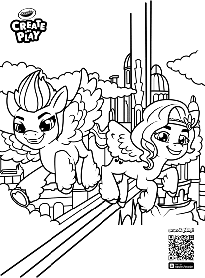 two my little pony characters smiling and flying with a big city metropolis in the background 