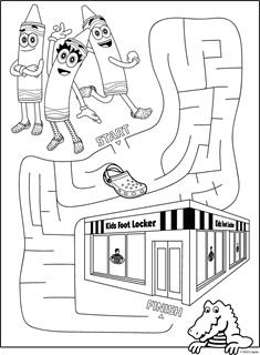 Three smiling crayon characters next to a maze featuring Crocs leading to a Footlocker store