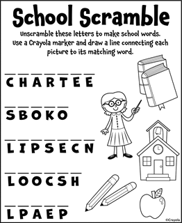 Unscramble these letters to make school words messaging with back to school words scramble puzzle, with books, teacher, pencils, school, and apple images