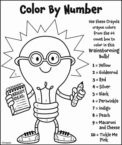 Use Crayola Crayons to color in this Brainstorming Bulb Bright Ideas Color By Number messaging with a lightbulb character wearing glasses and sneakers, holding notepad and pencil