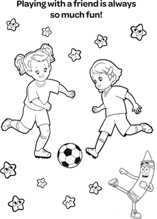 Playing with a friend is always so much fun. Two kids with long hair playing soccer