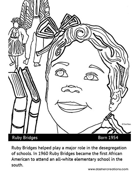 Ruby Bridges featuring a short history of her role in desegregating schools, with drawings of books and people